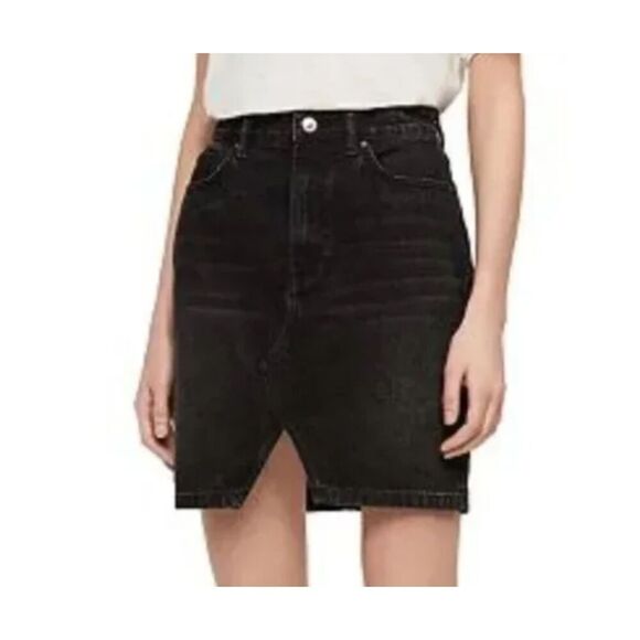 All Saints Trudy Black Stonewashed Denim Mini Skirt SEAM REPAIR Size 10 - Picture 1 of 11
